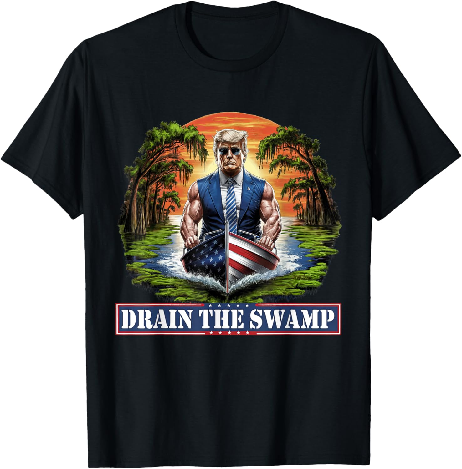 Muscular Donald Trump American Flag Boat Drain The Swamp Gym