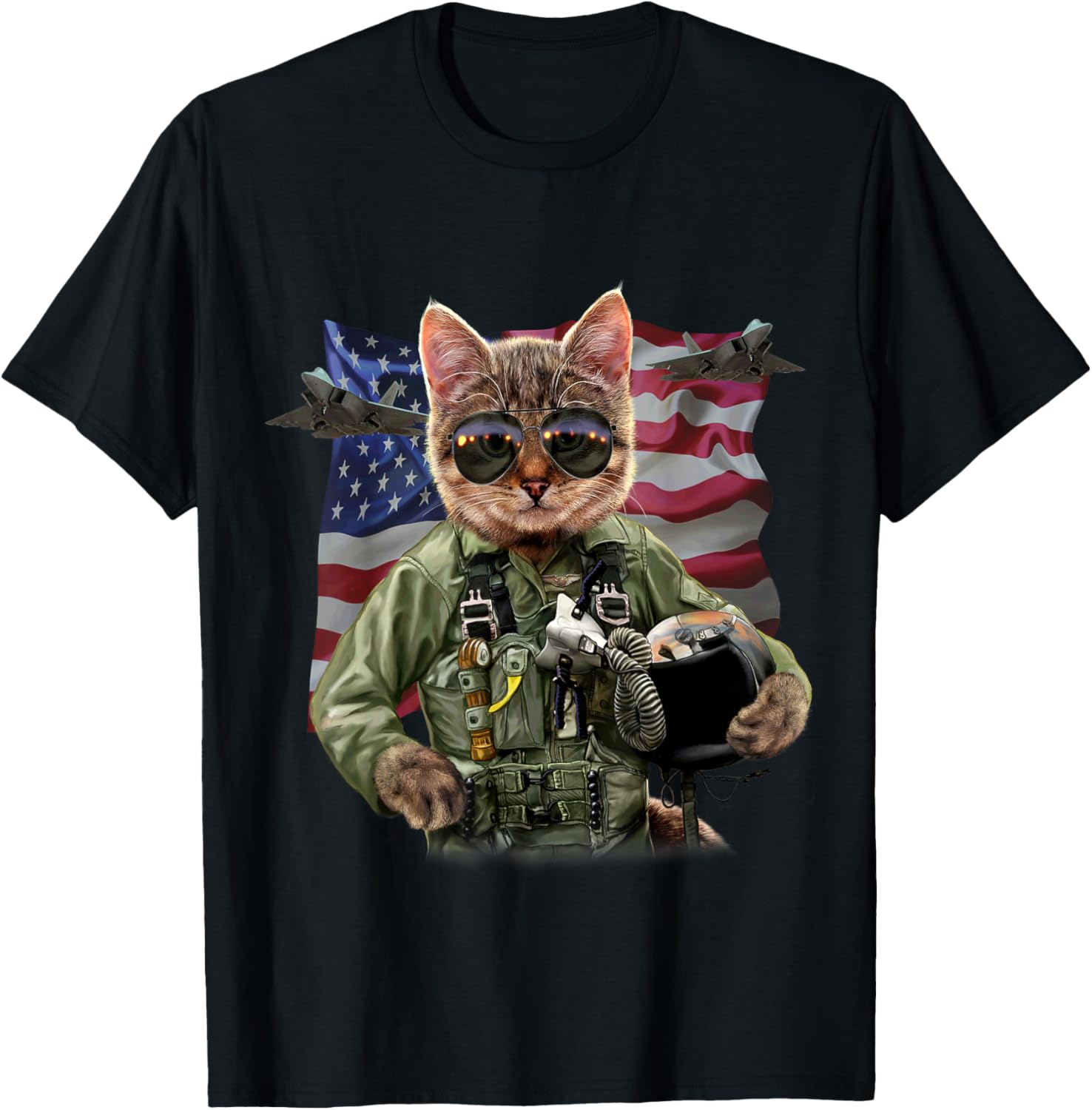 Cat Fighter Pilot With American Flag And Jets