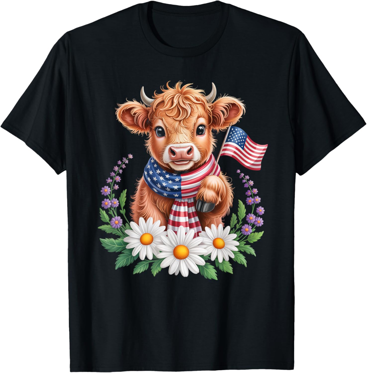 Cute Highland Cow 4Th Of July Usa Flag Patriotic Wildflowers