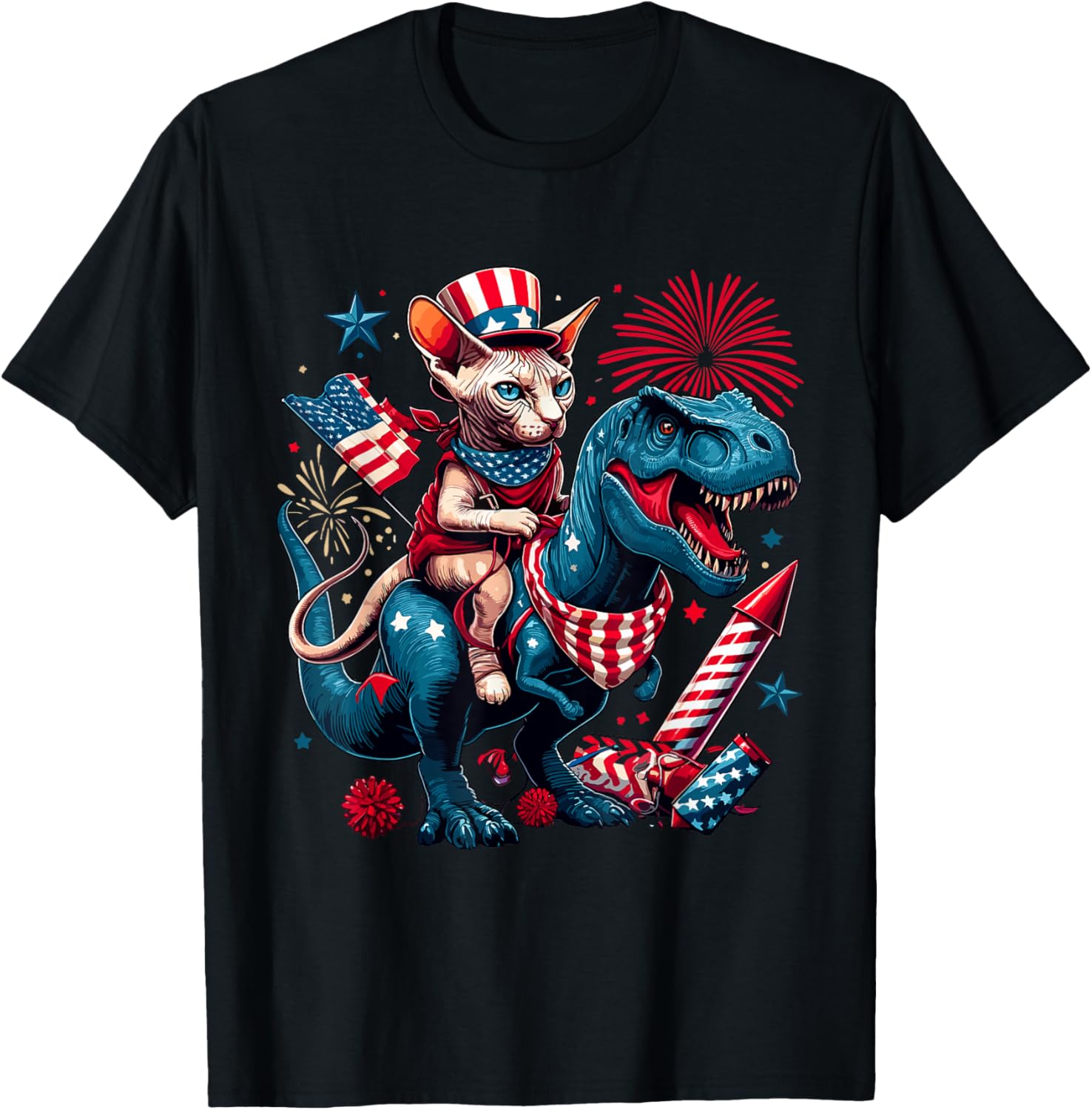 Patriotic Sphynx Cat Riding T Rex 4Th Of July American Flag