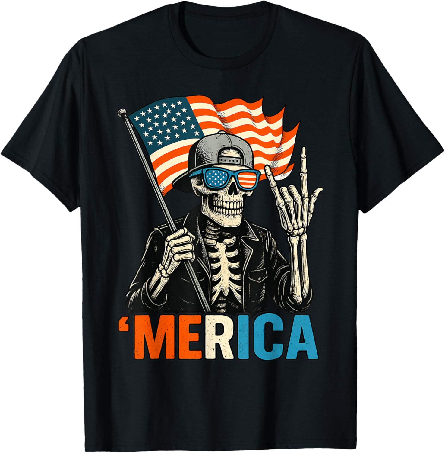 Skeleton Merica Rock American Flag Patriotic Usa 4Th Of July