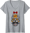 Womens Funny Skull With Bow Tie Mustache V Neck