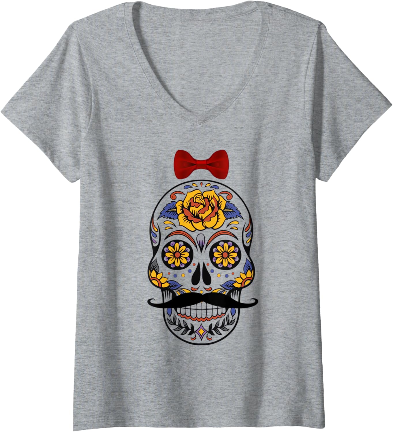 Womens Funny Skull With Bow Tie Mustache V Neck