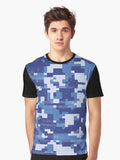 Blue Digital Pixel Art Camouflage Pattern Graphic T Shirt T Shirt Trending 2025 Streetwear Essential