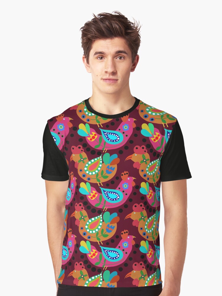 Red Chicken Folk Art, Fiesta Cluckers, Colorful Birds Pattern, Roosters, Maroon Background Graphic T-Shirt