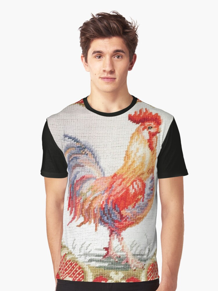 Vintage Needlepoint Rooster Tapestry Graphic T-Shirt