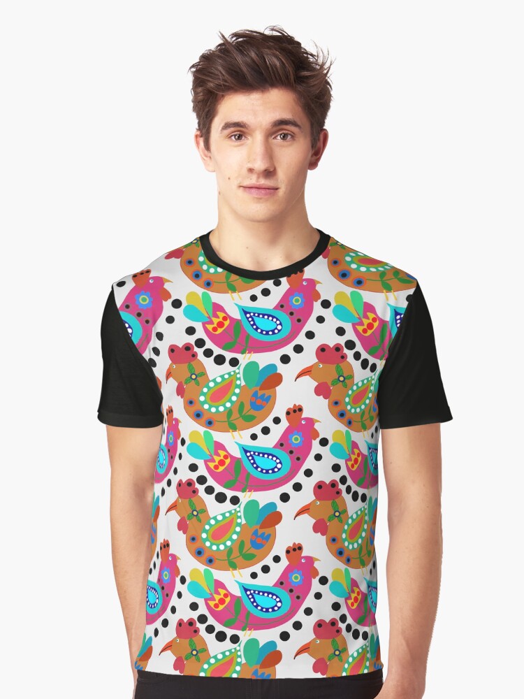 Chicken Folk Art, Fiesta Cluckers, Colorful Birds Pattern, Roosters, White Background Graphic T-Shirt