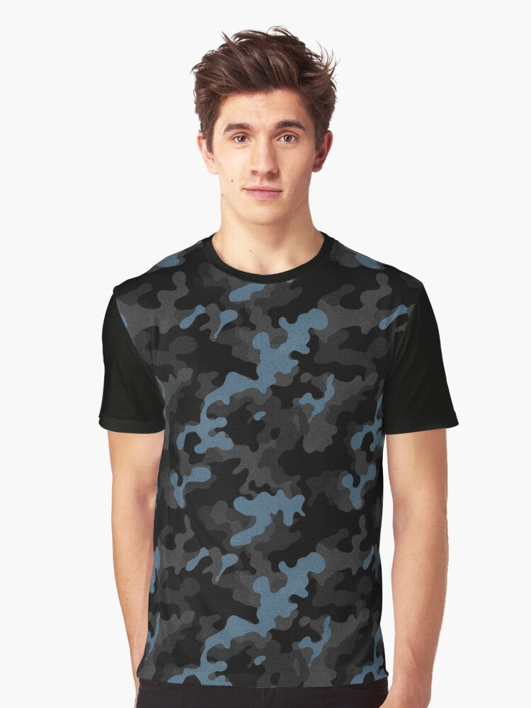 Black Blue Camo Urban Cargo Realistic Graphic T Shirt T Shirt Aesthetic Fit Streetwear Essential
