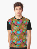 Chicken Folk Art, Fiesta Cluckers, Colorful Birds Pattern, Roosters, mustard Yellow Background Graphic T-Shirt
