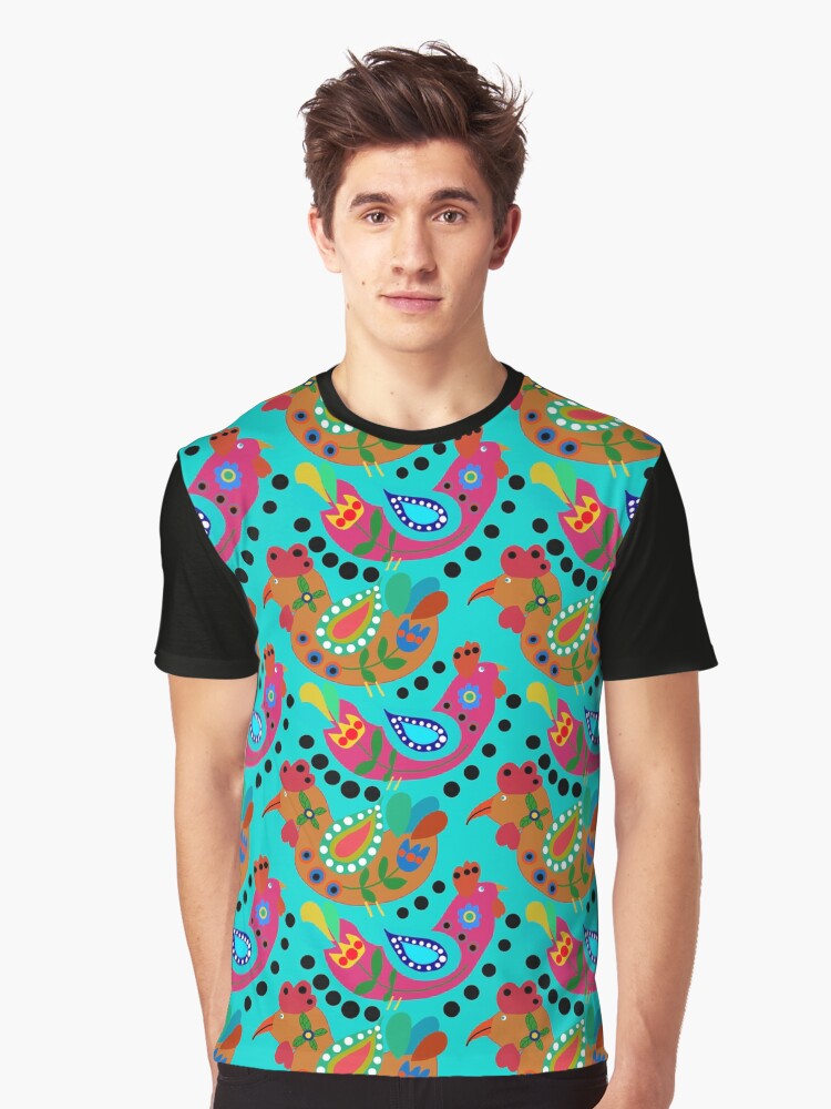 Turquoise blue Chicken Folk Art, Fiesta Cluckers, Colorful Birds Pattern, Roosters, blue Background Graphic T-Shirt