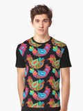 Chicken Folk Art, Fiesta Cluckers, Colorful Birds Pattern, Roosters, Black Background Graphic T-Shirt