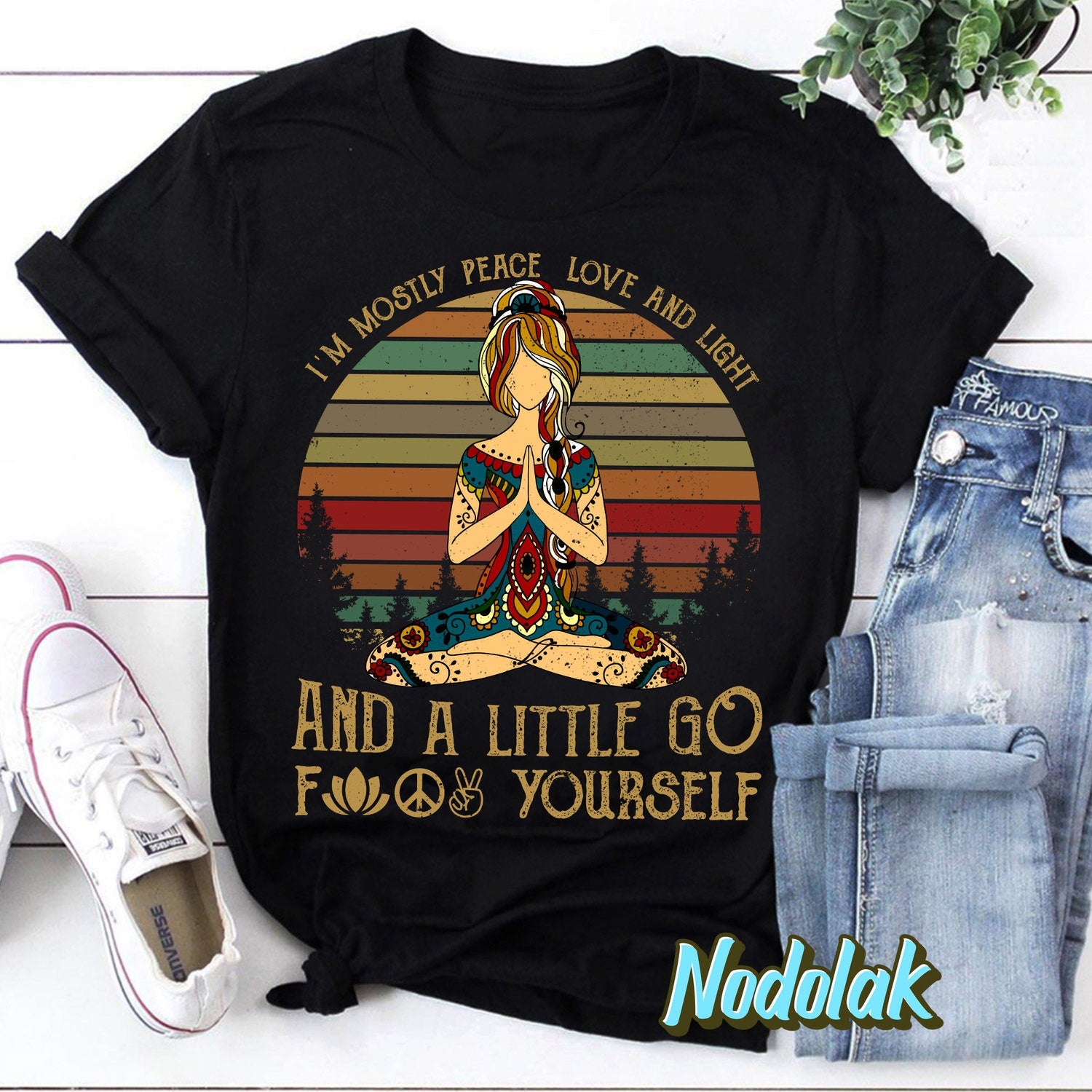 Yoga I'm Mostly Peace Love And Light And A Little Go Fuck Yourself Vintage Retro T-Shirt: Yoga Black Girl Shirt Pranayama Shirt Gift
