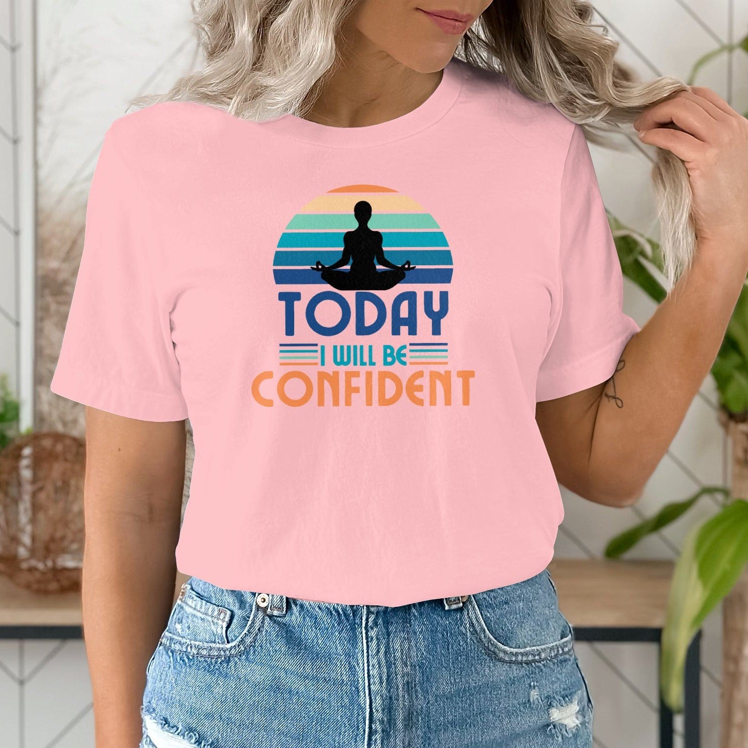 Yoga Confidence T-Shirt | Inspirational Meditating Silhouette Colorful Stripe Design Tee