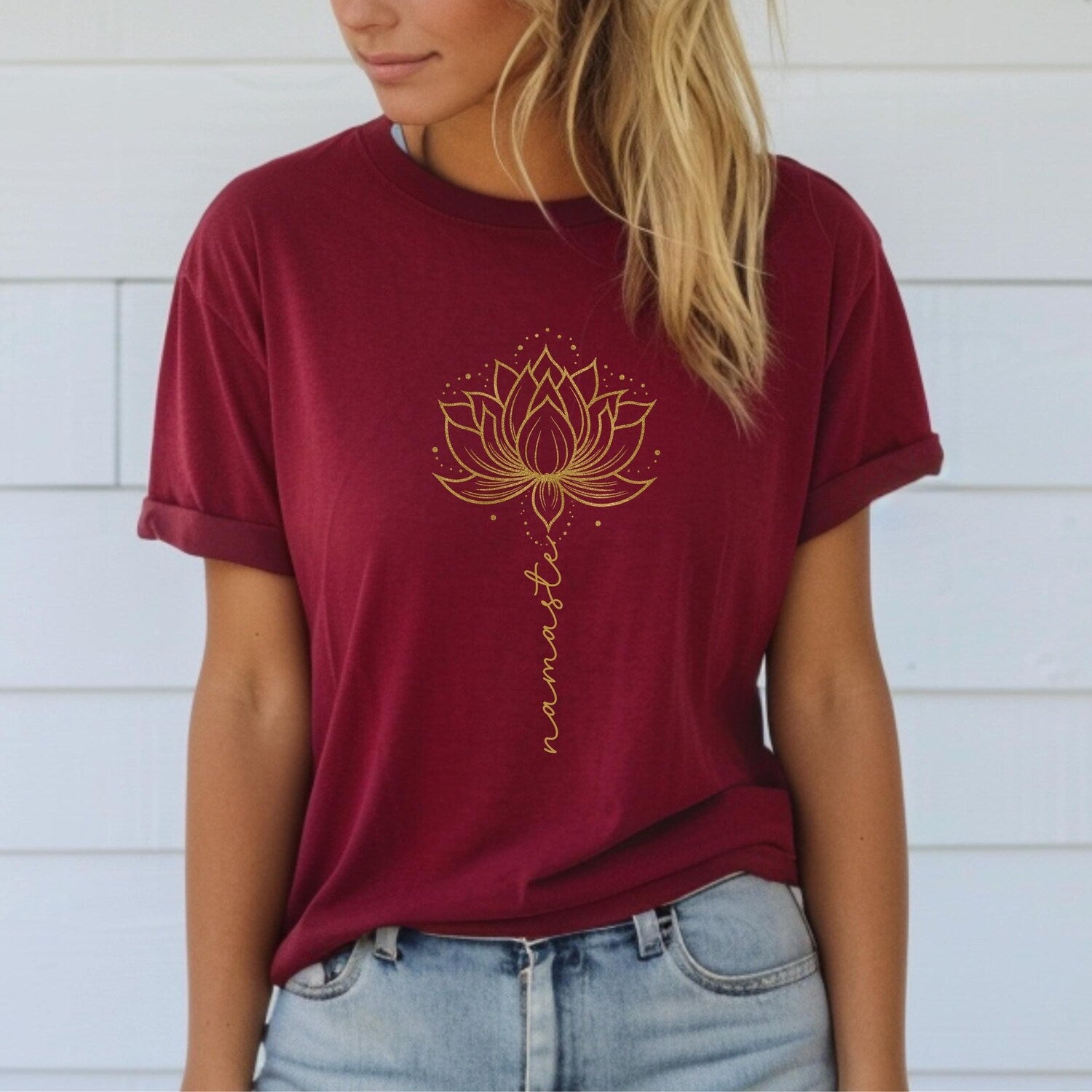 Namaste T-shirt | Yoga Spiritual Peace Mindful Quote Crewneck Meditation Golden Lotus Tshirt Jersey Short Sleeve Unisex