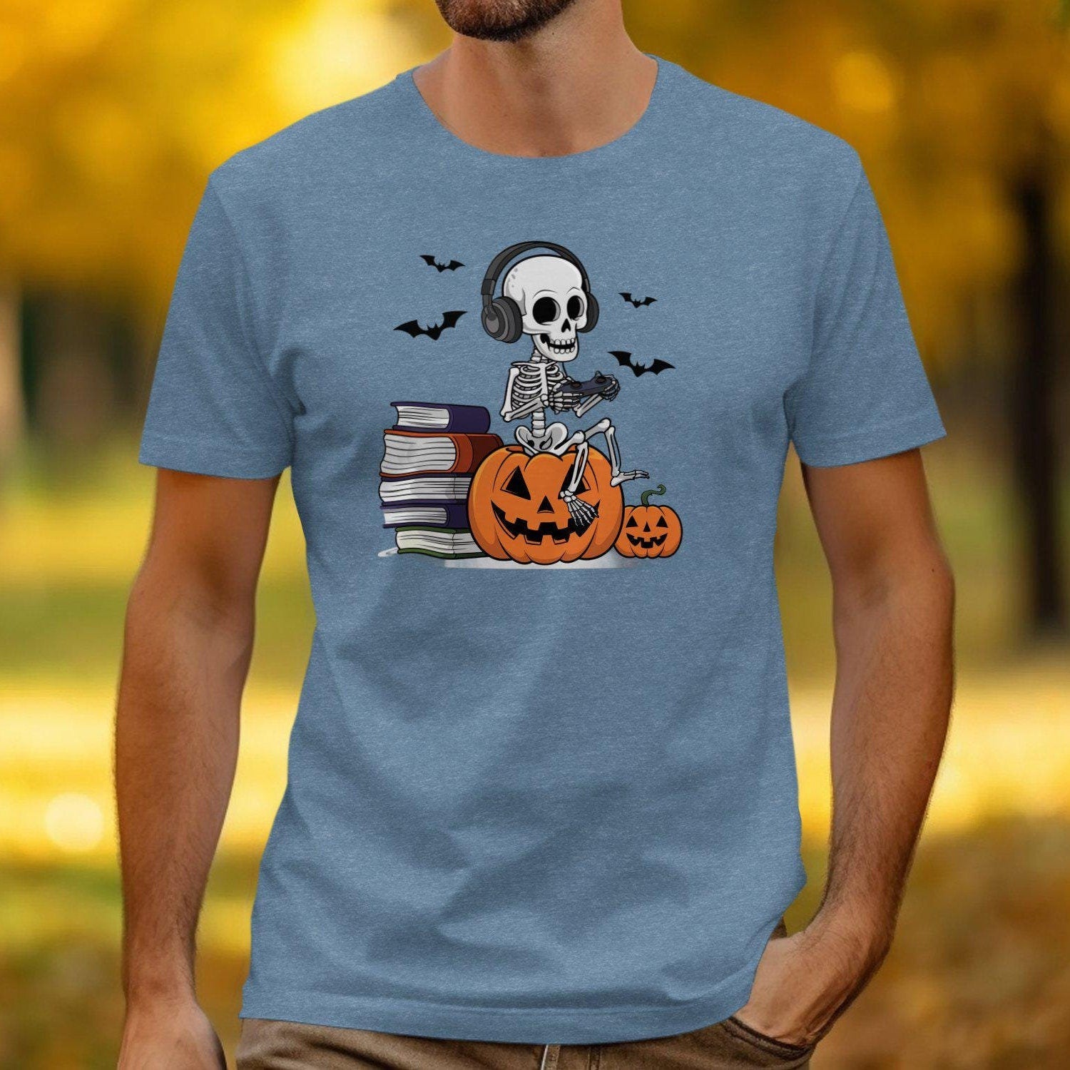Funny Gamer Skeleton T-Shirt, Halloween Gaming Tee, Spooky Pumpkin Gamer Shirt, Video Game Lover Gift, Halloween Game Party Shirt