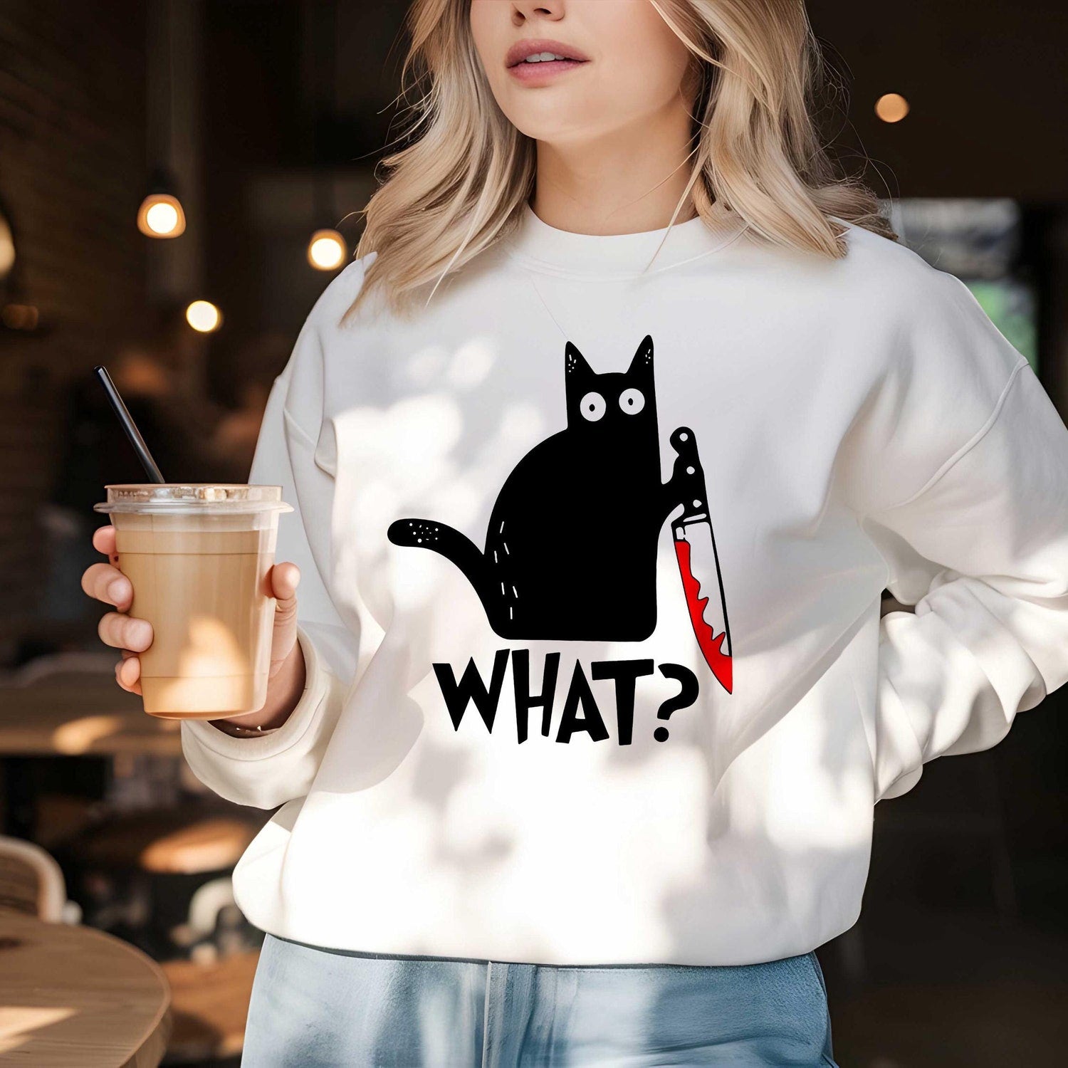 Cat What Murderous Black Cat With Knife Meme Gift Sweatshirt, Funny Style Unisex Gamer, Cult Movie Music Tee T Shirt, Black Cat Gift Shirt