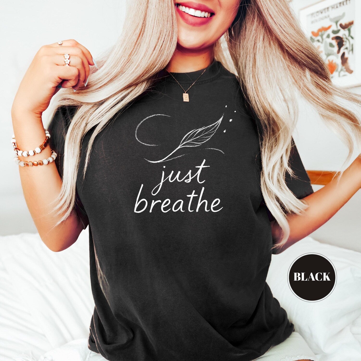 Just Breathe T-Shirt | Inspirational Meditation Positive Mental Health Feather Yoga Lover Motivational Tshirt Tee