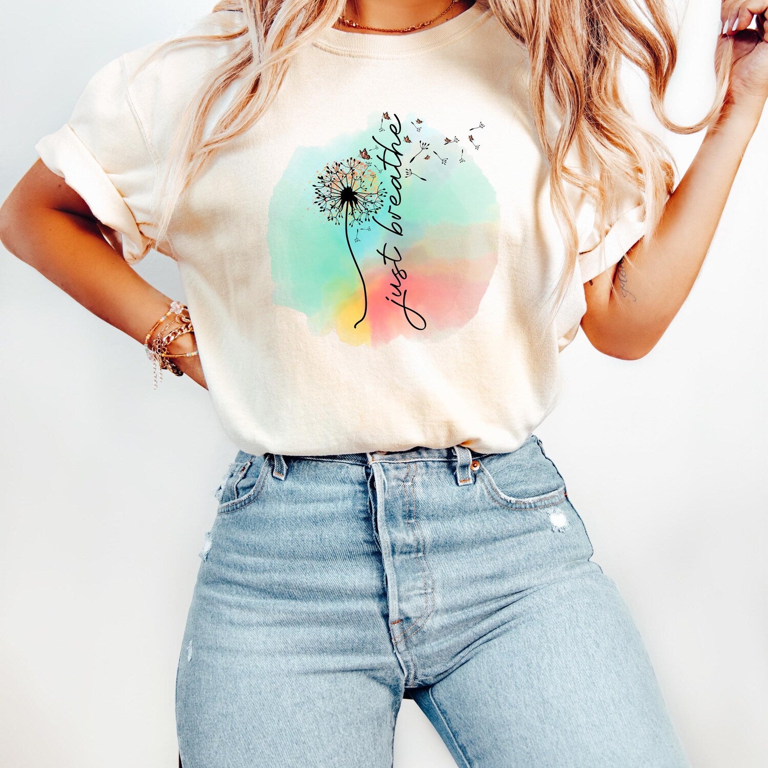 Just Breathe Shirt: Dandelion Watercolor Tee, Mindfulness T-Shirt Inspirational Shirt Gift