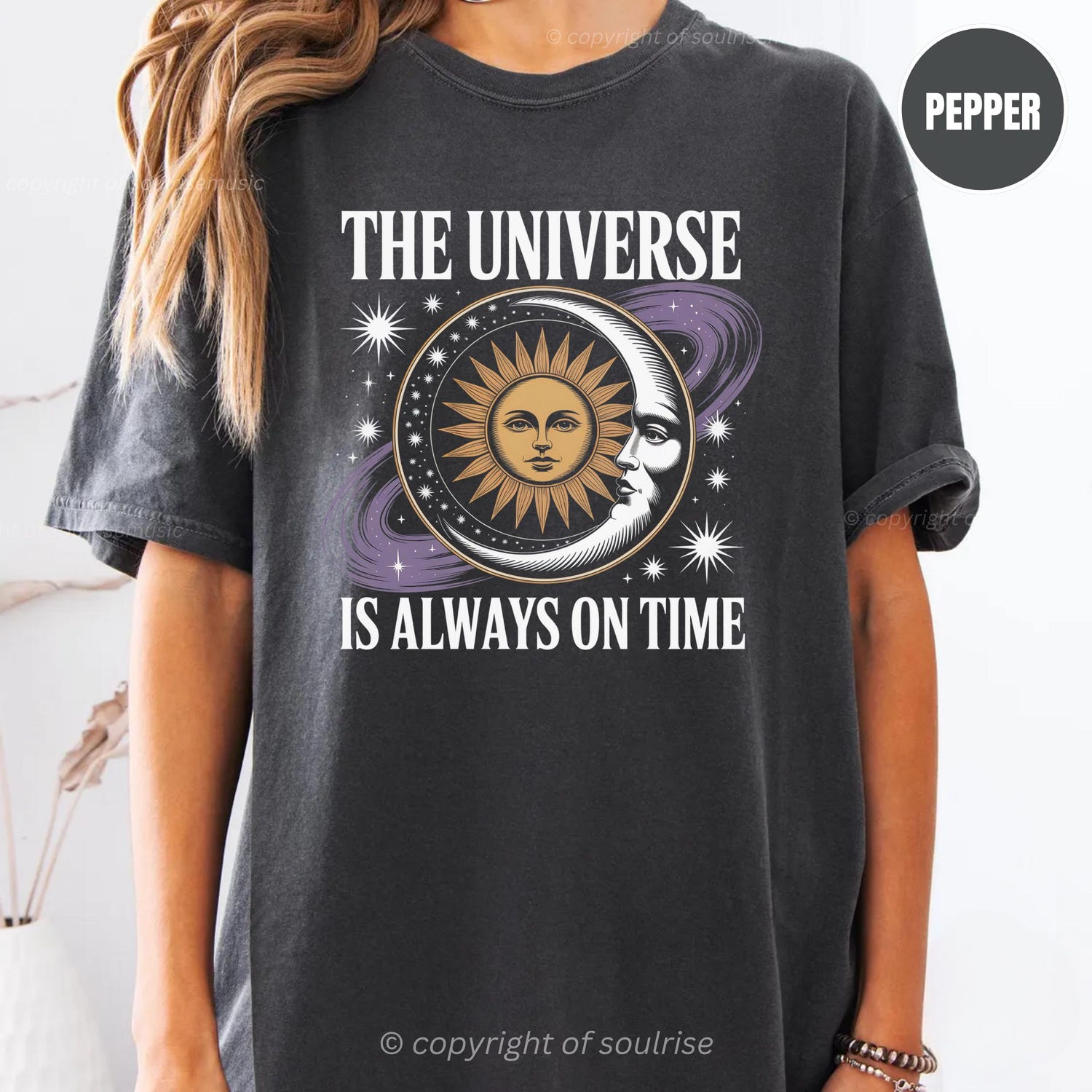 Boho Spiritual Comfort Colors Tee | Universe Always On Time Celestial Cosmic Vibes Astrology Graphic Tee 90s Tee