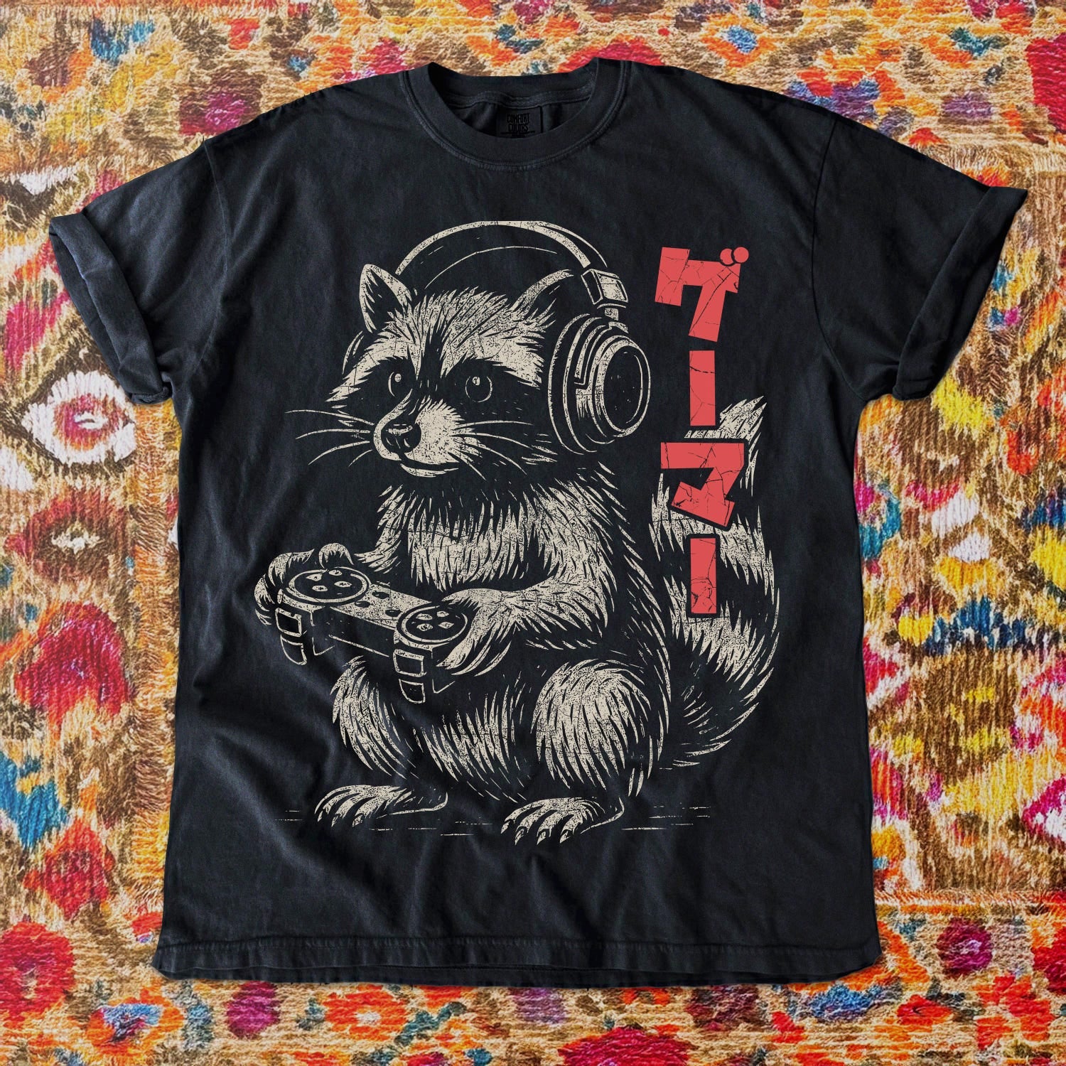 Raccoon Gamer T-Shirt, Funny Japanese Graphic Tee, Retro Gaming Shirt, Kawaii Animal Top, Vintage Distressed Raccoon with Headphones