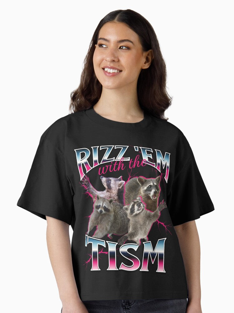 Rizz Em With the Tism Meme - Funny Autism Racoon in vintage 90s bootleg style Boxy T-Shirt | Premium Unisex T-Shirt, Trending Graphic Tee