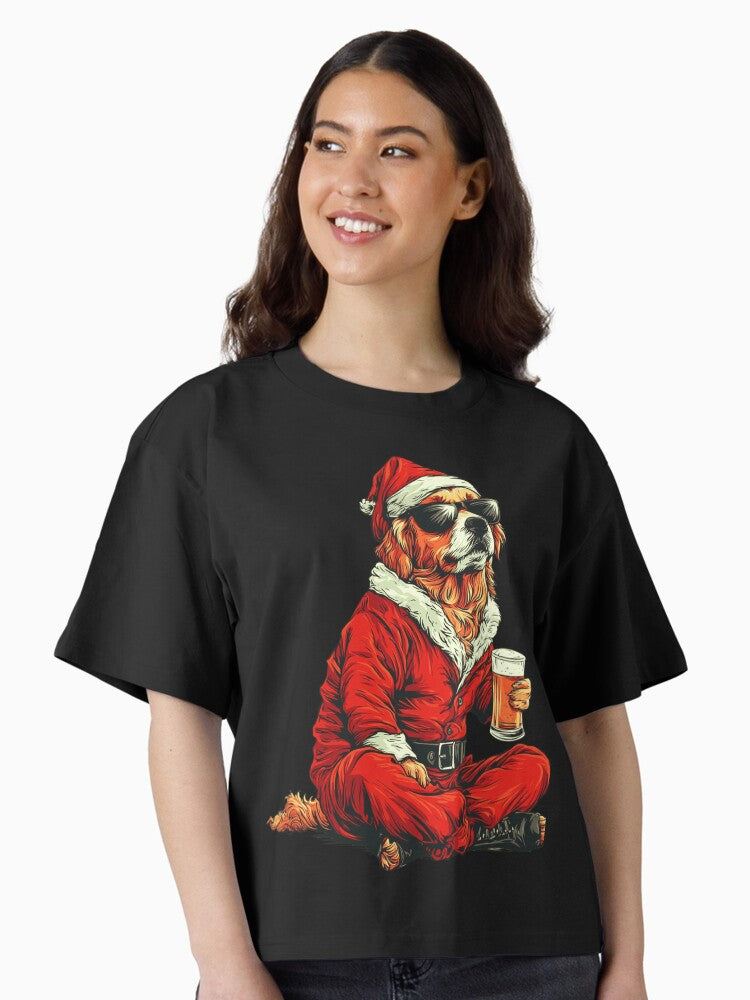 Golden Retriever Santa Dog Drinking Beer Boxy T Shirt Boxy T Shirt Premium Print Modern Aesthetic