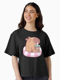 Cute Capybara On Pool Float Drinking Bubble Tea Boxy T Shirt Boxy T Shirt Viral TikTok Daily Wear