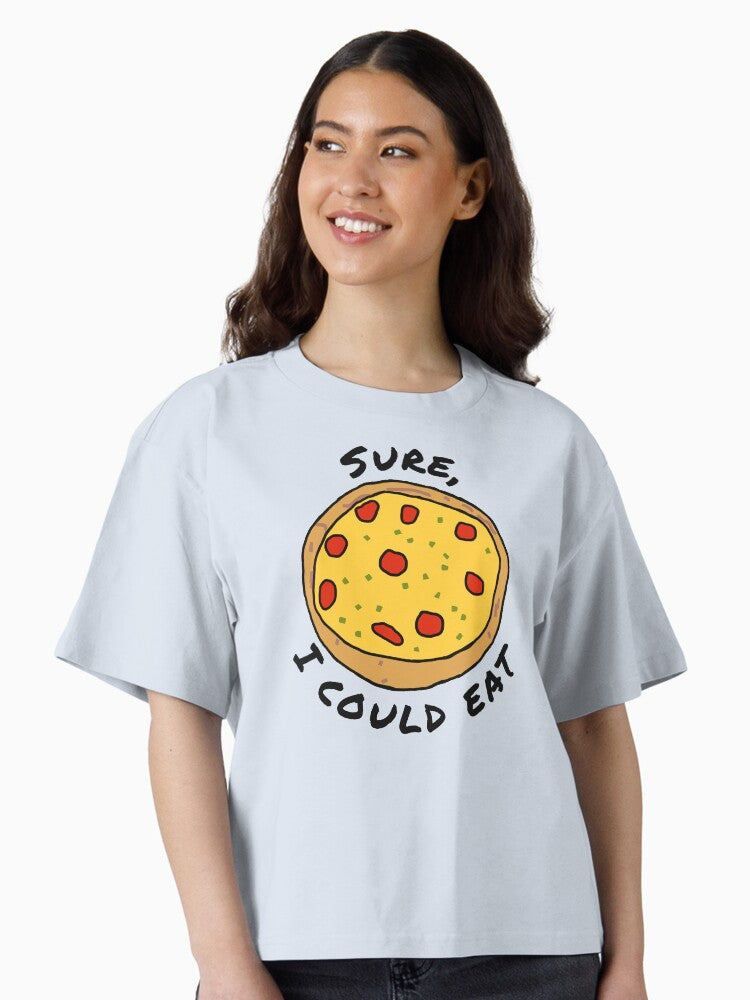Funny Cartoon Food Pepperoni Pizza with Text Sure I Could Eat Boxy T Shirt Boxy T Shirt Premium Print Boxy Fit