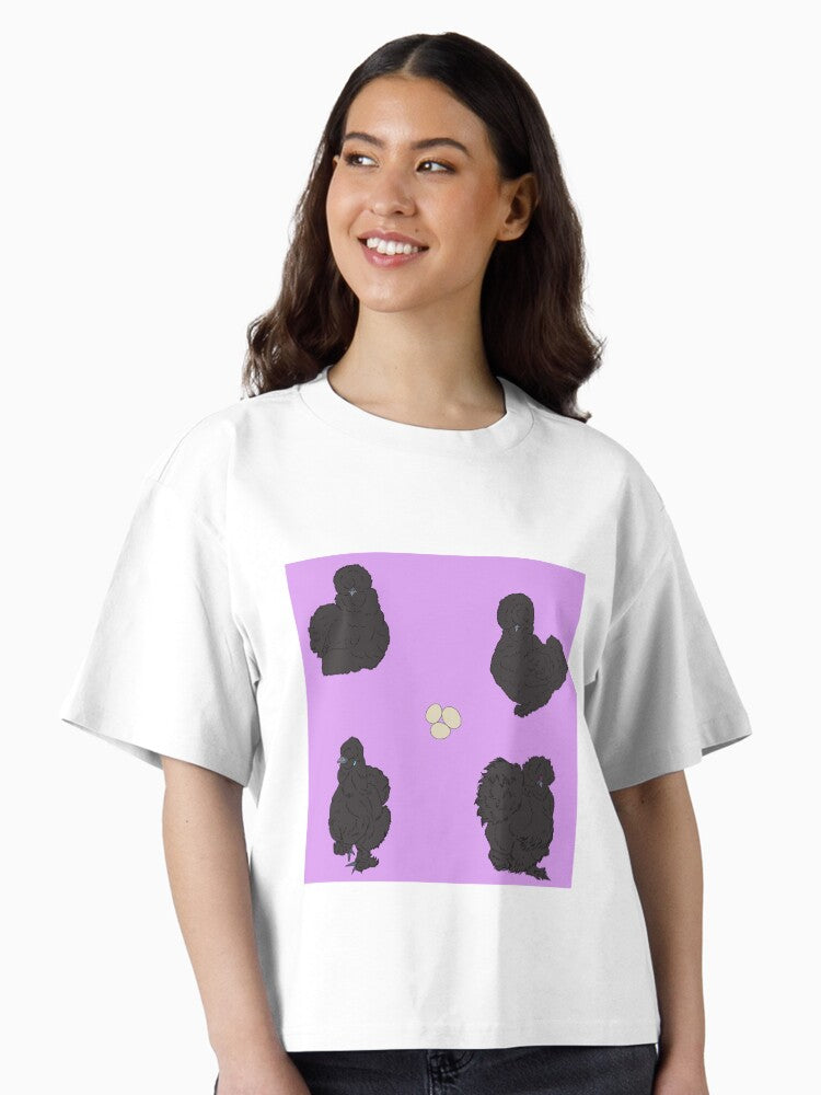 Black Silkie Chicken Pattern Purple Boxy T-Shirt