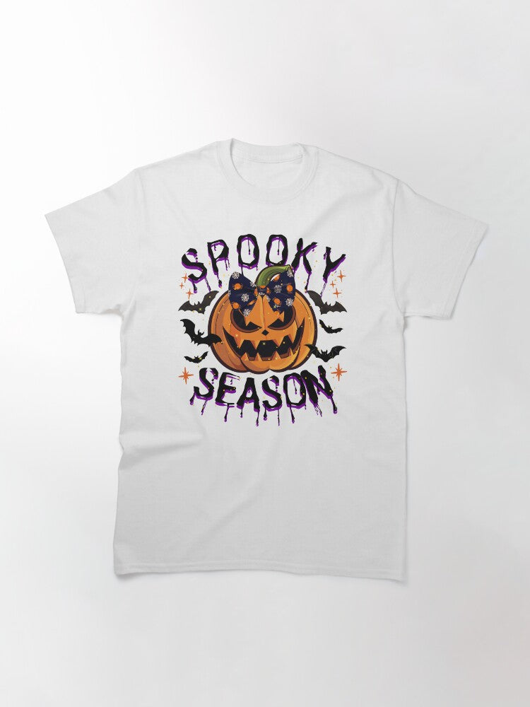 Womens Retro Halloween Spooky Season Men Halloween Costume Fall Pumpkin Bow Couple Halloween Party Classic T Shirt