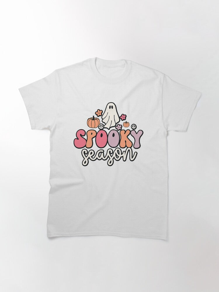 Groovy Ghost Spooky Season Pumpkins Flowers Peace Signs Classic T Shirt