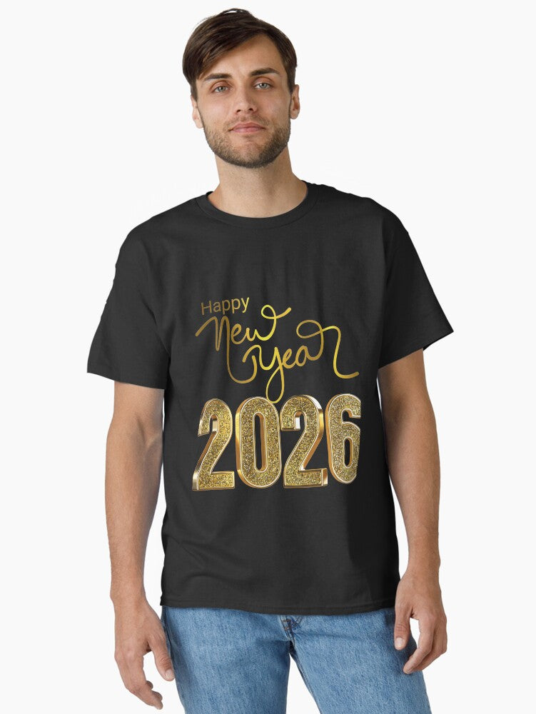 Luxury Gold Glitter 3D Happy New Year 2026 Typography Design Classic T Shirt T Shirt Viral TikTok Modern Aesthetic