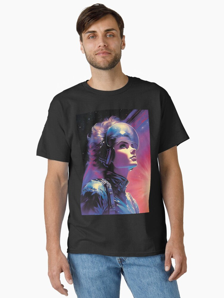 Futuristic Girl in a Spacesuit Looking Upward Classic T-Shirt | Premium Unisex T-Shirt, Trending Graphic Tee