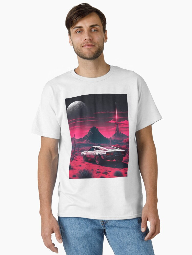 Futuristic Desert Landscape With Retro-styled Muscle Car Classic T-Shirt | Premium Unisex T-Shirt, Trending Graphic Tee
