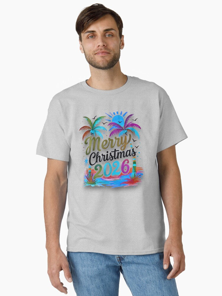 Colorful Tropical Watercolor Merry 2026 Design Classic T Shirt T Shirt Premium Print Daily Wear