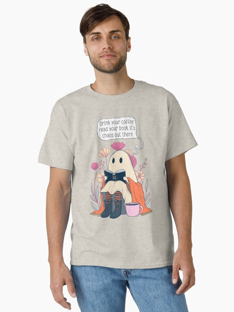 Ghost Reading Book with Coffee Embrace the Chaos Classic T Shirt T Shirt Trending 2025 Streetwear Essential