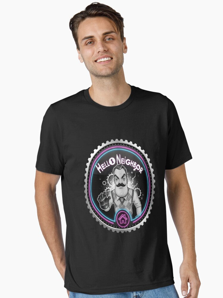 Hello Neighbor Neon Badge - Cyberpunk Industrial Gaming Emblem Art Essential T-Shirt | Premium Unisex T-Shirt, Trending Graphic Tee