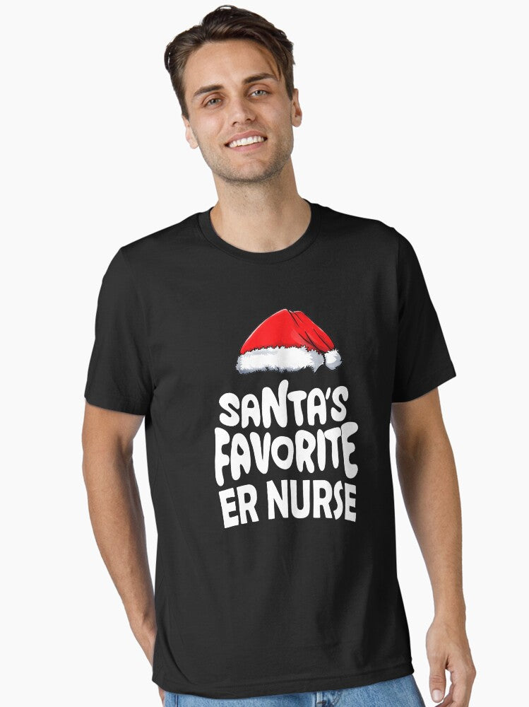 Santa's Favorite ER Nurse Santa Hat Xmas Lights Nurse Xmas Essential T-Shirt | Premium Unisex T-Shirt, Trending Graphic Tee