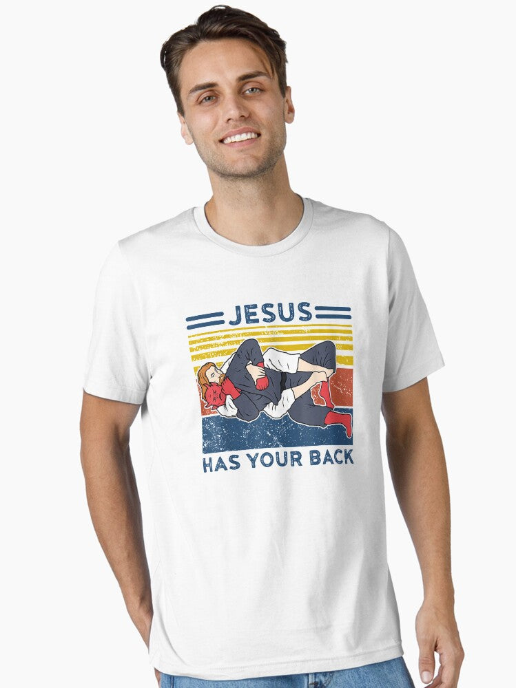 Funny Brazilian Jiu Jitsu Jesus Has Your Back Essential Shirt T Shirt Clean Design