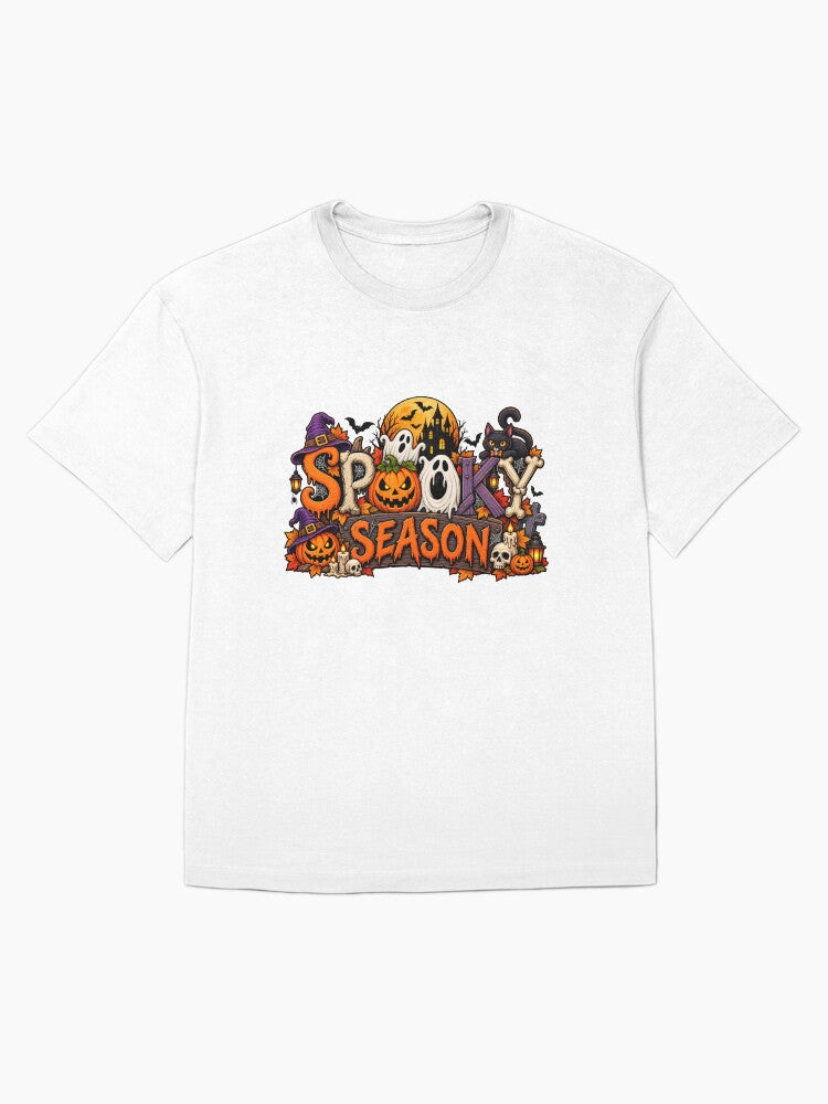 Spooky Season Halloween Haunted House Pumpkin Ghost Cat Skeleton Oversized T Shirt