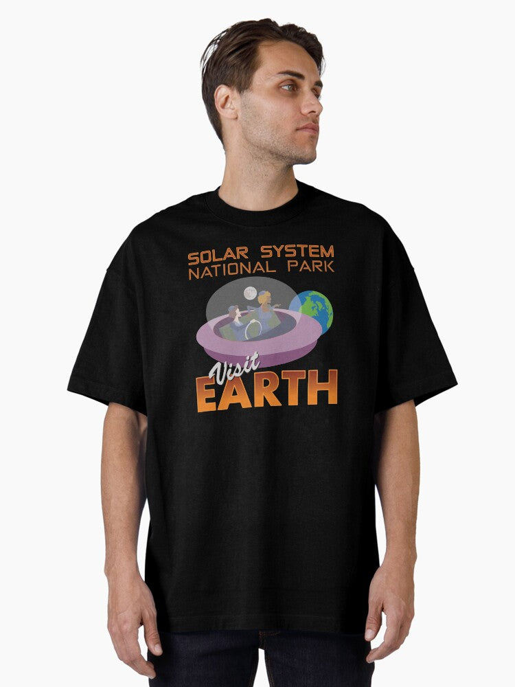 Retro Futuristic Spaceship Flying Saucer Funny Space Travel Visit Earth Oversized T-Shirt | Premium Unisex T-Shirt, Trending Graphic Tee