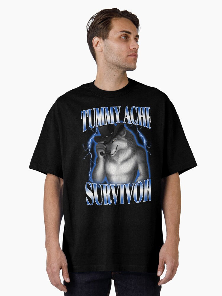 Tummy Ache Survivor Funny Alpha Wolf Meme Brainrot Cringe Oversized T Shirt T Shirt Comfort Fit Everyday Wear