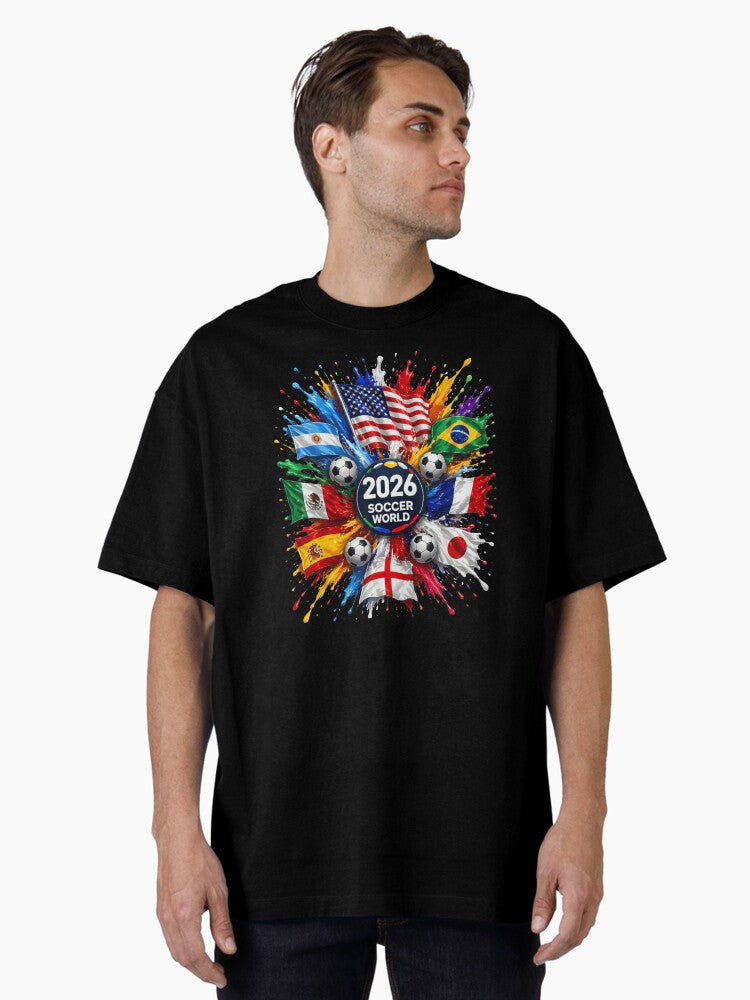 2026 Soccer World Championship Global Flags Paint Splash Sports Fan Graphic Oversized T-Shirt