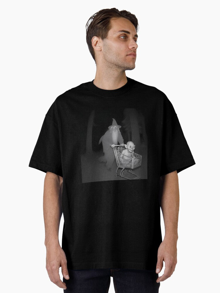 Grey W i z a r d Pushing G o l l u m Meme Oversized T-Shirt | Premium Unisex T-Shirt, Trending Graphic Tee