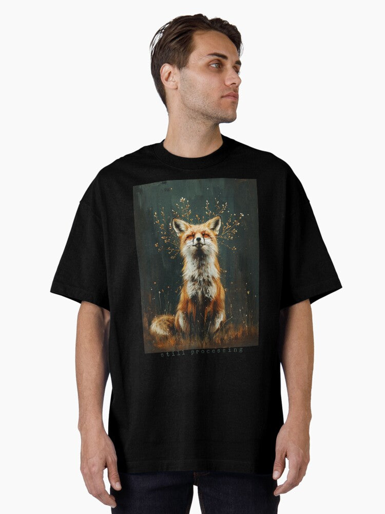 Still Processing – Painterly Fox with Botanical Elements Oversized T-Shirt