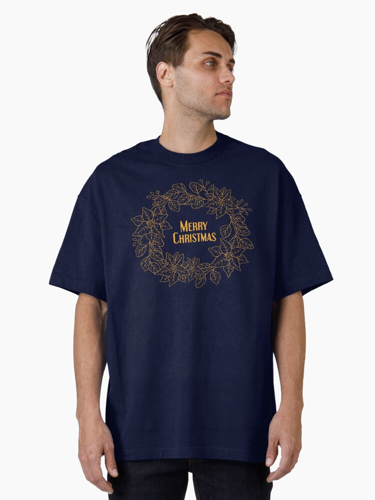 Merry Christmas Poinsettia Wreath Elegant Line Art TShirt Oversized TShirt T-Shirt | Premium Graphic | Perfect For Daily Wear