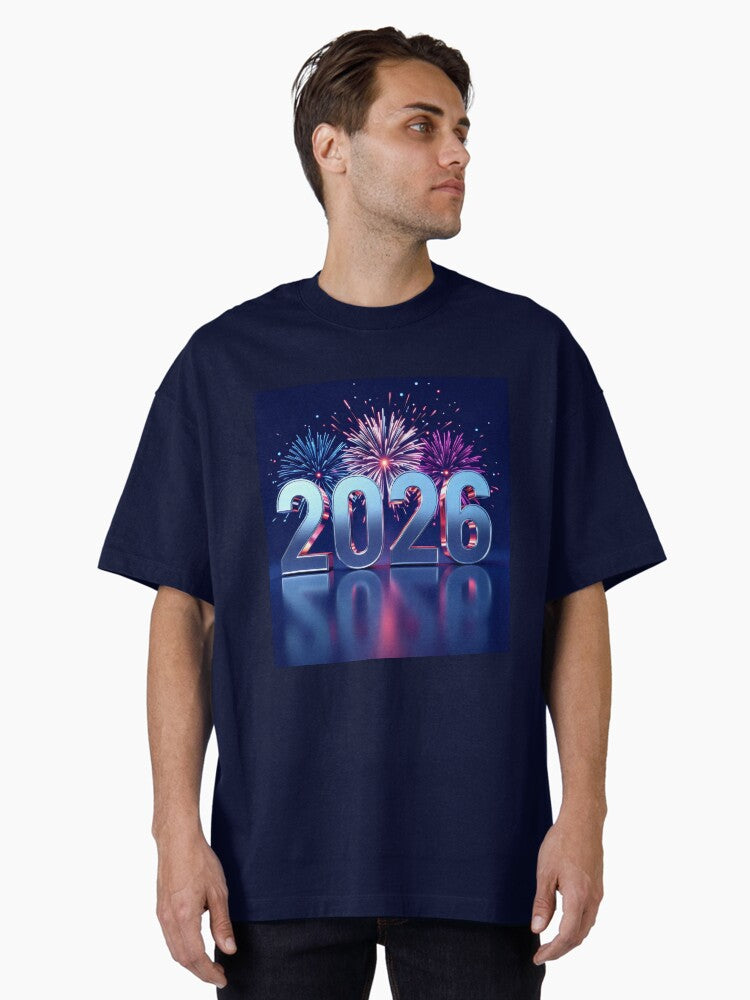 Happy New Year 2026 with Silver Metallic Fireworks Oversized T Shirt T Shirt Premium Print Best Seller Look