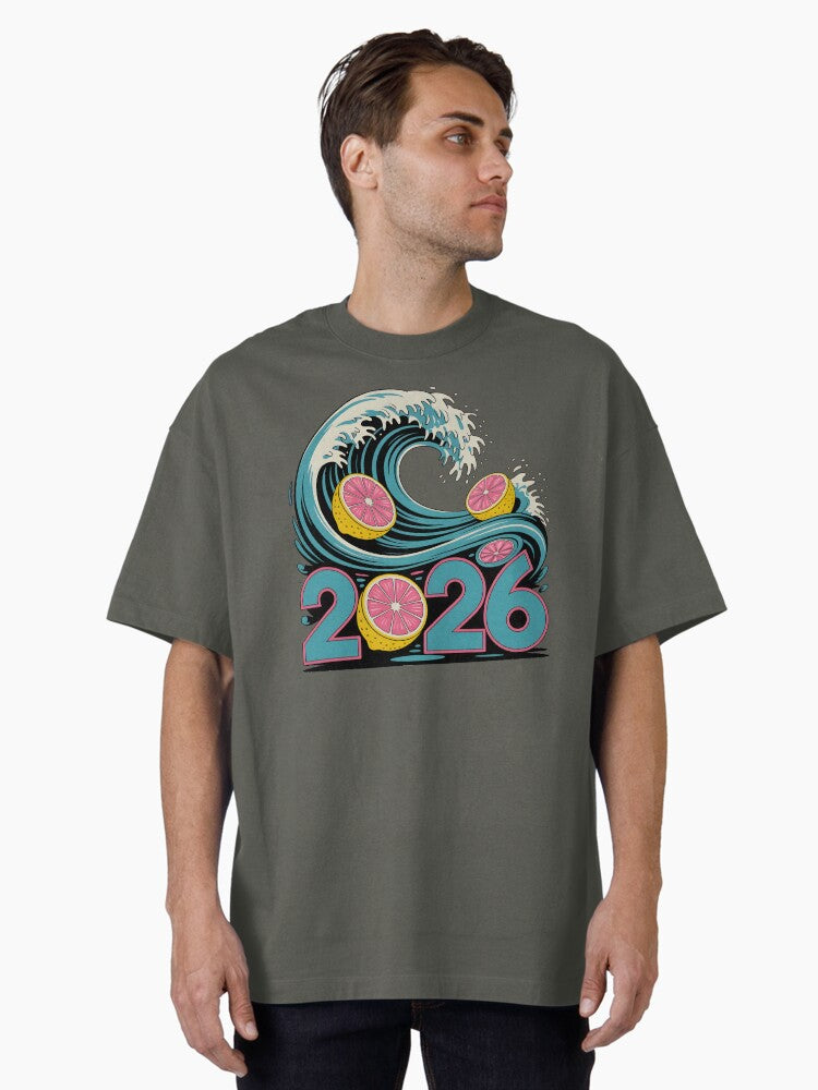Surreal 2026 New Year Wave Graphic Grapefruit Oversized T Shirt T Shirt Comfort Fit New Year Trend