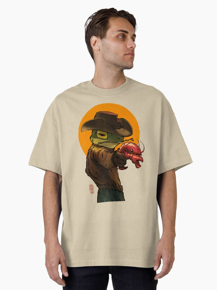 gunslinger cowboy western frog with pistol shrimp crawdad artwork drawing Oversized T-Shirt | Premium Unisex T-Shirt, Trending Graphic Tee