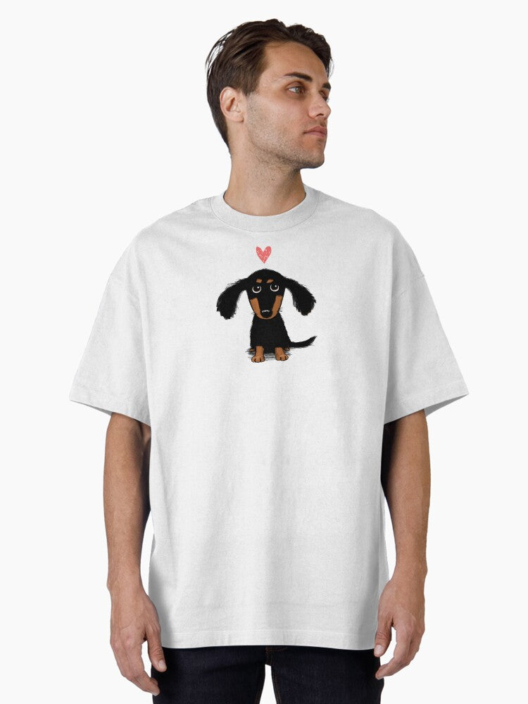 Dachshund Puppy Love Cute Black and Tan Wiener Dog with Heart Oversized Shirt T Shirt Minimal Style